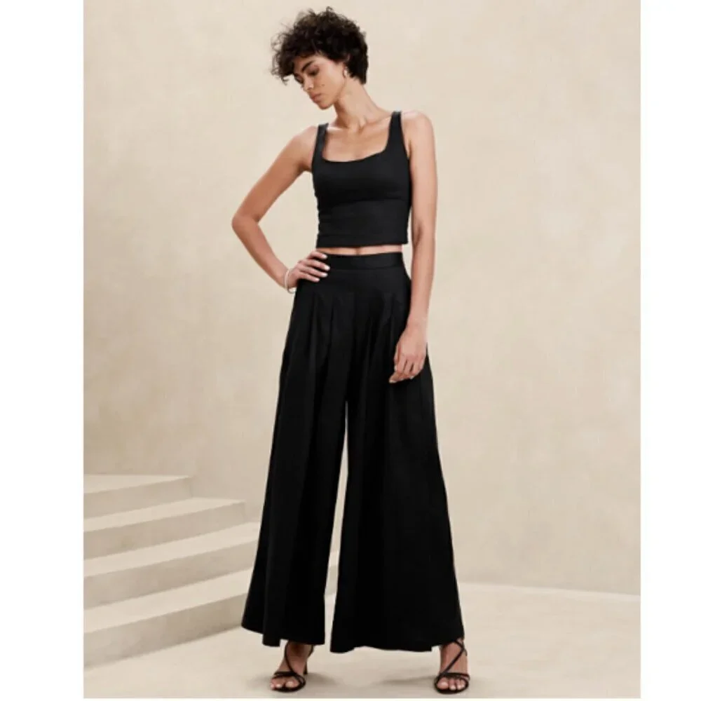 Banana Republic Linen-Blend PALAZZO Black BOHO Pleat Pants Size 6 #852050 RT$110